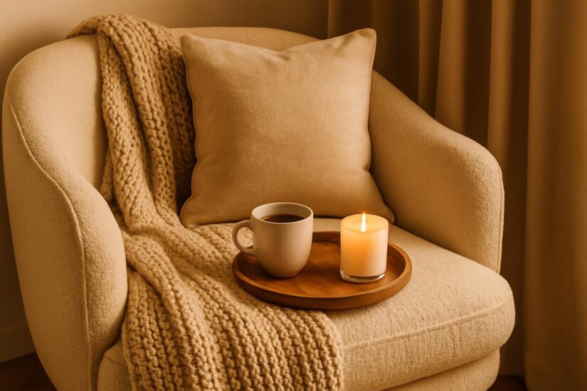A cozy beige armchair with a knitted blanket, candle, and coffee cup — a perfect cozymaxxing setup that embodies comfort, warmth, and mindful balance at home.