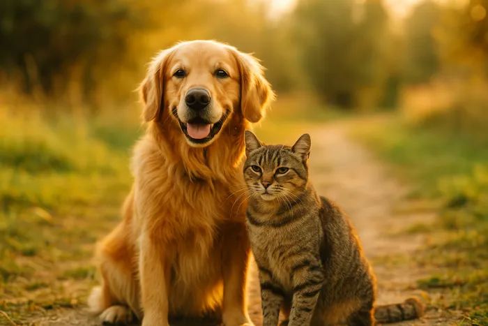 A golden retriever and a tabby cat sitting side by side on a sunlit forest path, capturing a warm and peaceful bond between two animal companions in nature.
