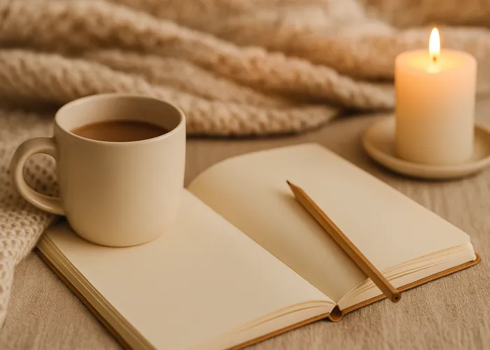 Cozy flat lay with open journal, cup of coffee, and candle — symbolizing mindfulness and self-care