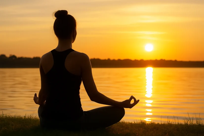 Woman meditating by the lake at sunset — mindfulness and self-care practice
