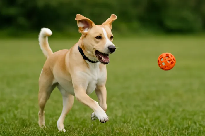 A playful Labrador mix dog running across a grassy field, eyes focused on an orange ball, capturing the joy and importance of daily pet exercise.