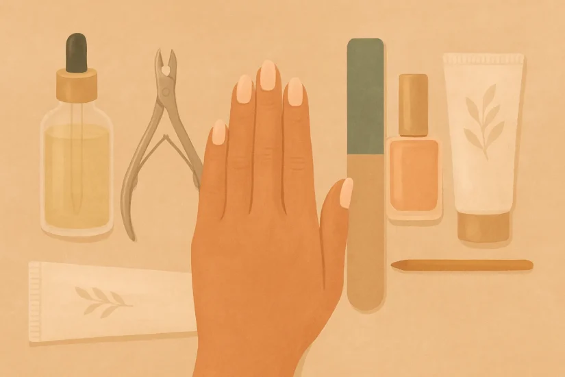A digital illustration of nail care essentials, including nail polish, cuticle oil, and a hand cream.