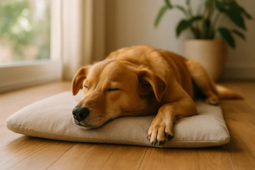 A relaxed dog sleeping peacefully on a soft cushion in a sunlit room, symbolizing comfort, emotional well-being, and mindful pet care at home.