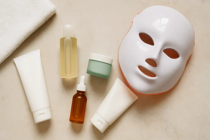 Skincare products and LED light therapy mask arranged on a beige surface — part of the ultimate skincare routine for acne-prone skin 2025.