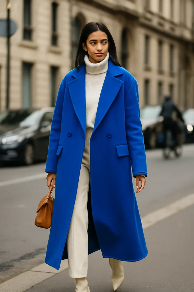 Color pop coat trend 2025 – bright red winter coat styled with neutral outfit street style