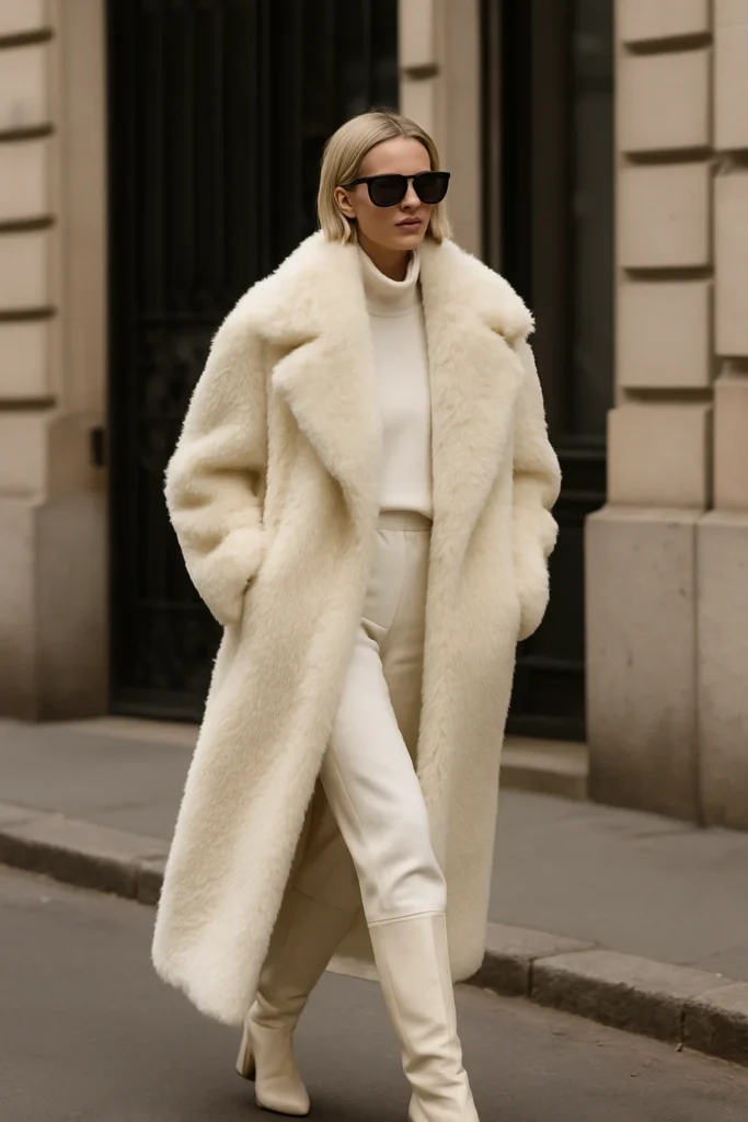 Faux fur coat trend 2025 – bold emerald green winter coat street style inspired by luxury fashion