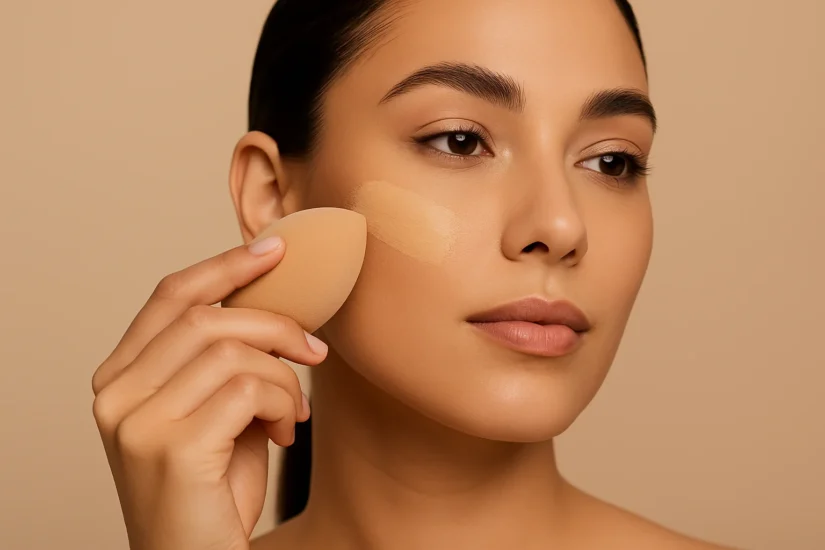 Woman applying foundation with sponge for a matte finish