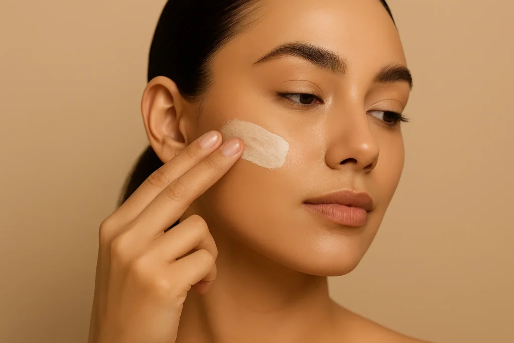 Applying primer on oily skin before foundation to control shine – step 2 in foundation routine.