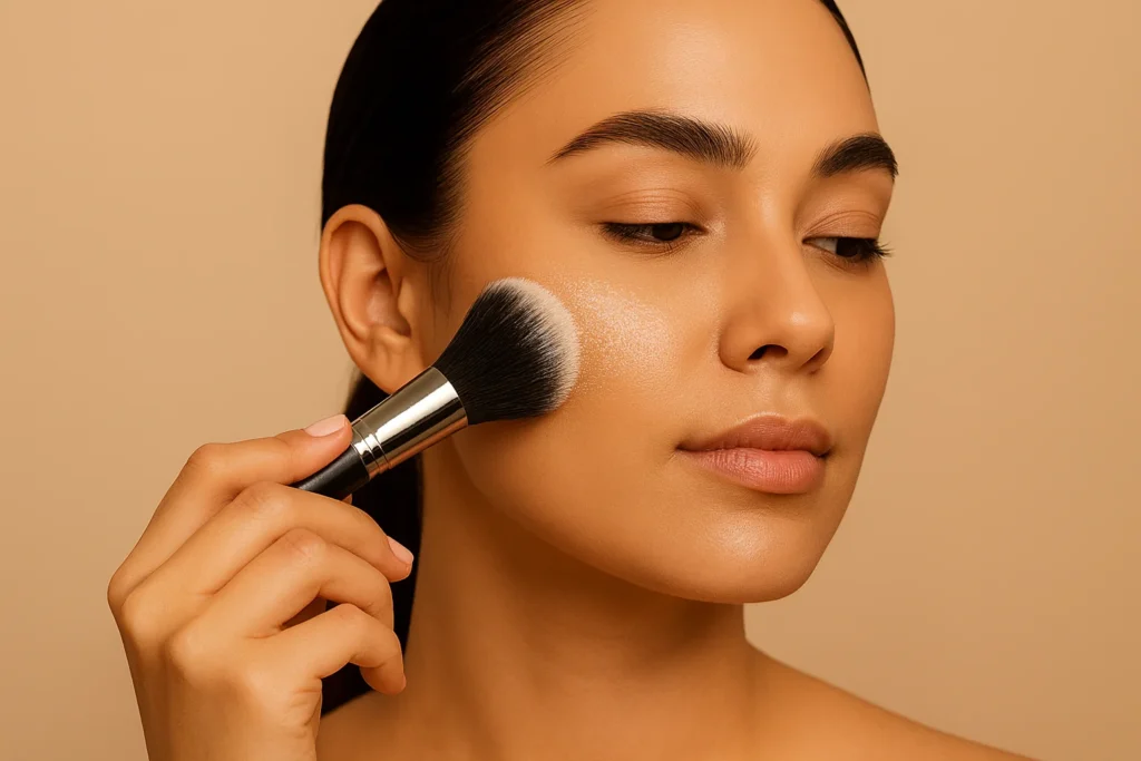 Applying setting powder for oily skin with makeup brush – step 5 of foundation routine