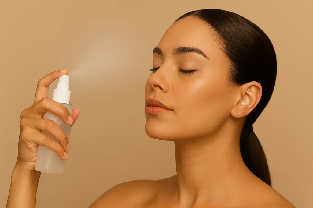 Woman applying setting spray on foundation for oily skin