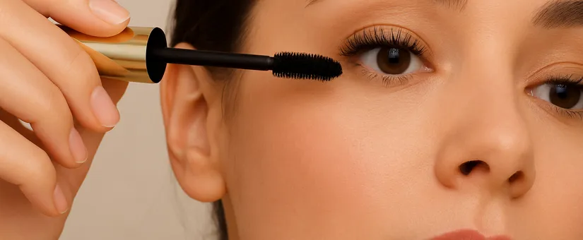 A woman applying black mascara with a gold-handled wand to her upper lashes, highlighting long, defined eyelashes.