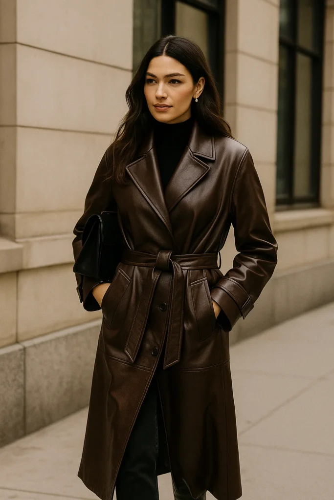 Leather trench coat trend 2025 – sleek black winter coat street style inspired by luxury fashion