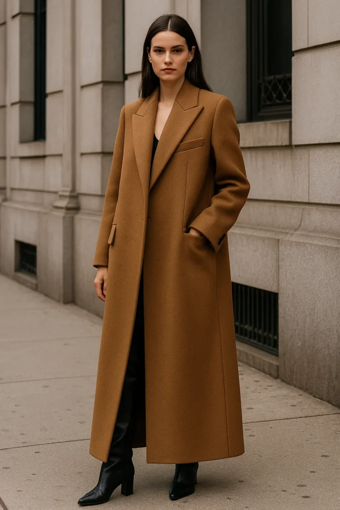 Maxi coat trend 2025 – long camel wool coat street style inspired by luxury fashion brands