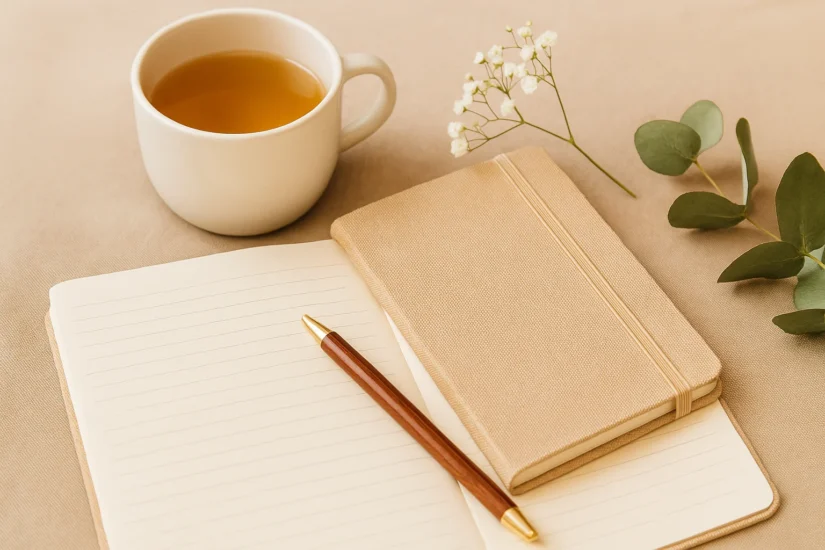 A meditation journal with tea, candle, and flower in a warm flatlay setup for mindfulness and stress relief journaling.