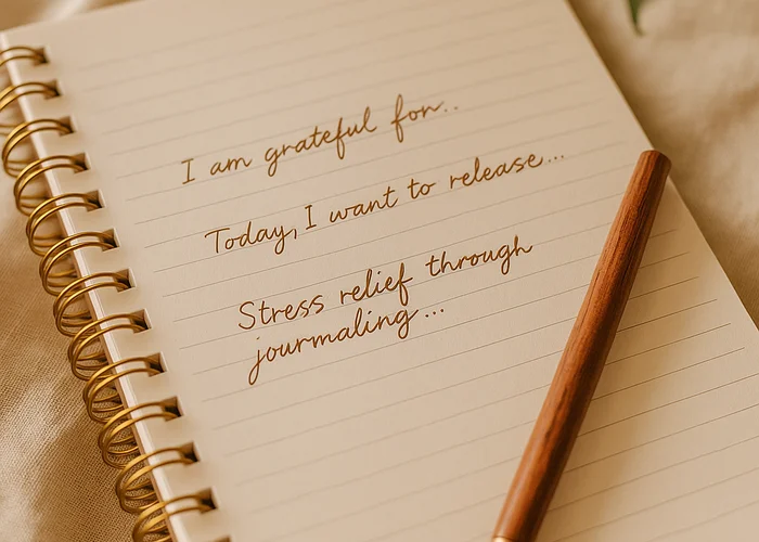 A meditation journal with handwritten prompts about gratitude and stress relief, placed on a warm-toned surface with a wooden pen.