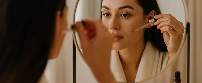 Woman applying serum to face by vanity mirror – retinol skincare routine
