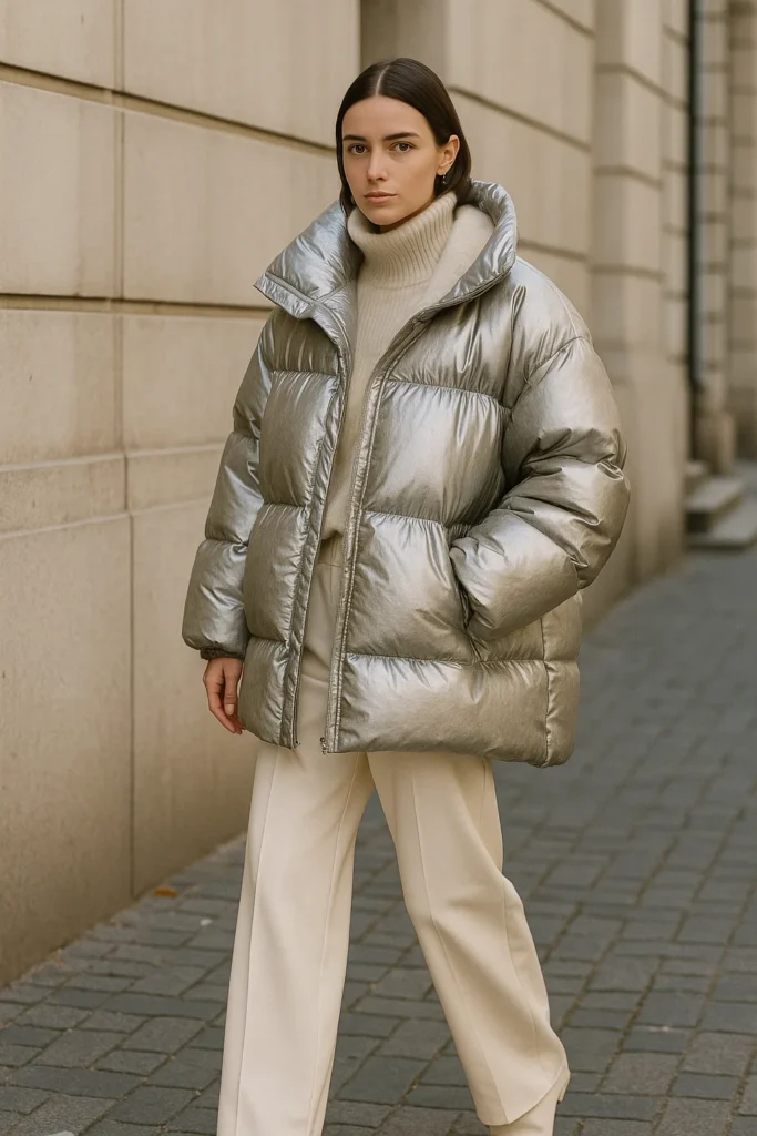 Statement puffer coat trend 2025 – oversized metallic silver puffer jacket street style winter fashion