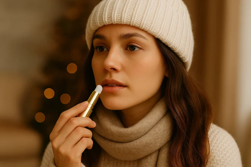 A woman applying a luxurious gold lip balm during winter