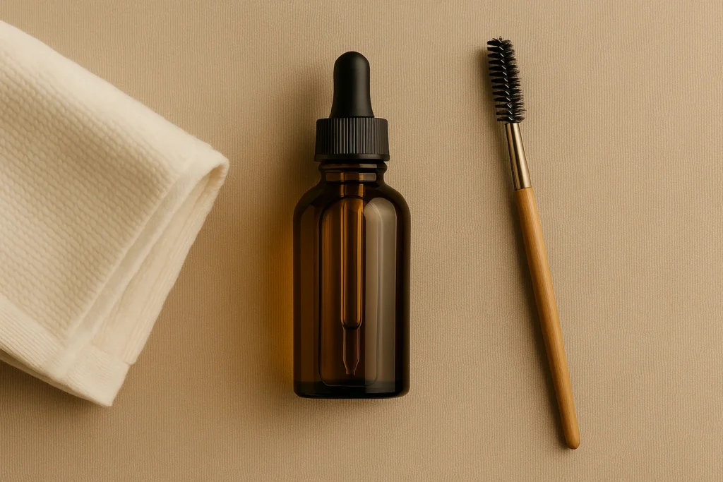 Brow care essentials including amber serum bottle, spoolie brush, and towel.