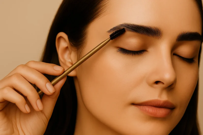 Woman gently brushing her eyebrows with a spoolie during her brow care routine.
