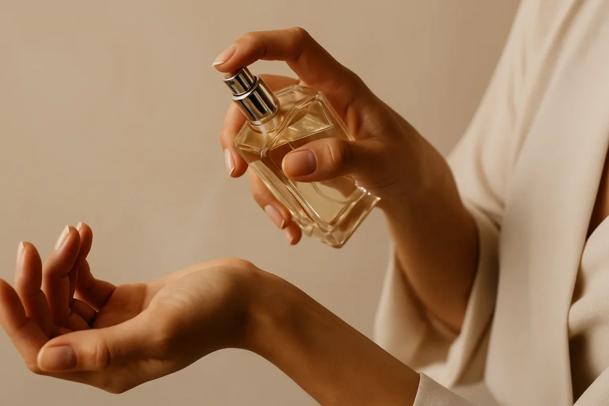 How to Layer Perfume: A Simple Guide That Works 1 A woman spraying perfume on her wrist to demonstrate fragrance layering and scent application technique.