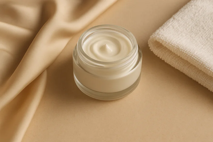 A minimalist luxury skincare flat lay featuring a glass jar of cream, silk cloth, and soft towel on a beige background — representing gentle hydration and winter skincare.