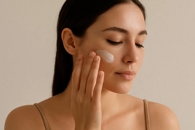 A woman with smooth, glowing skin applies moisturizer to her cheek in natural daylight, representing a gentle and luxurious winter skincare routine.