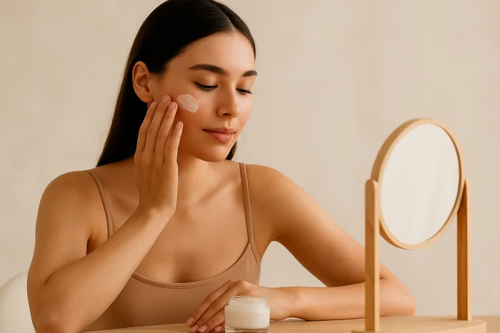 A woman with glowing skin applies moisturizer at a beige vanity table in natural daylight, representing a gentle and luxurious winter skincare routine.