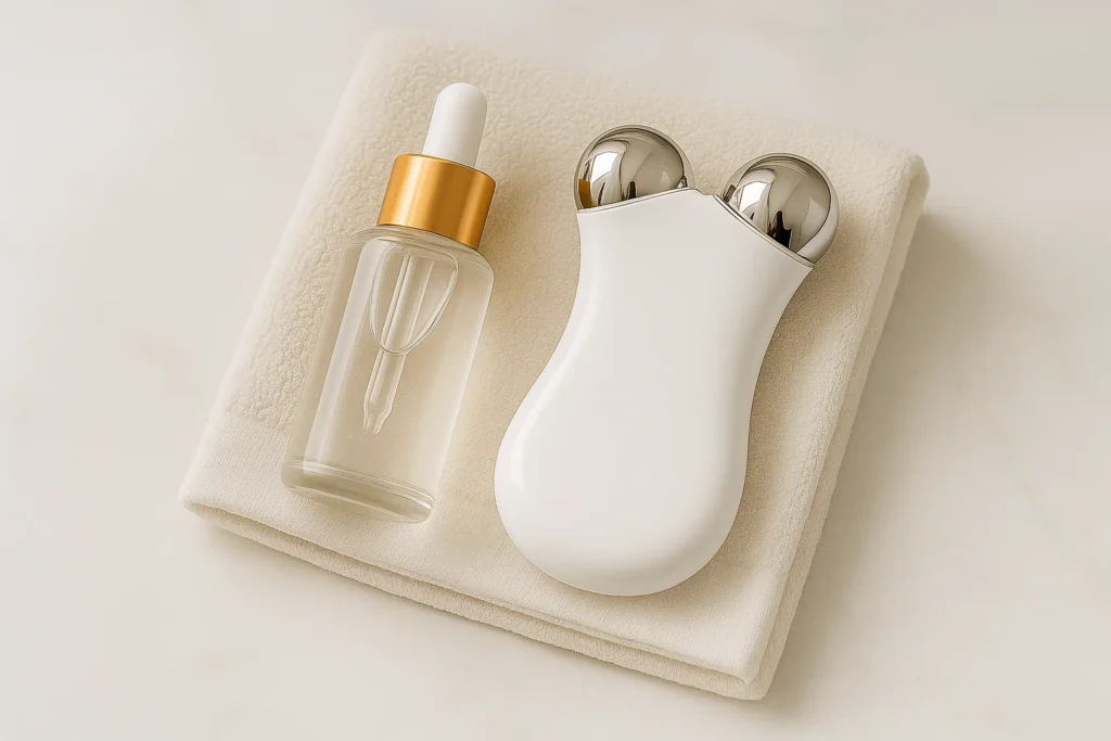 A luxurious flat lay featuring a premium white microcurrent facial device and a glass skincare serum bottle with a gold dropper, placed on towel.