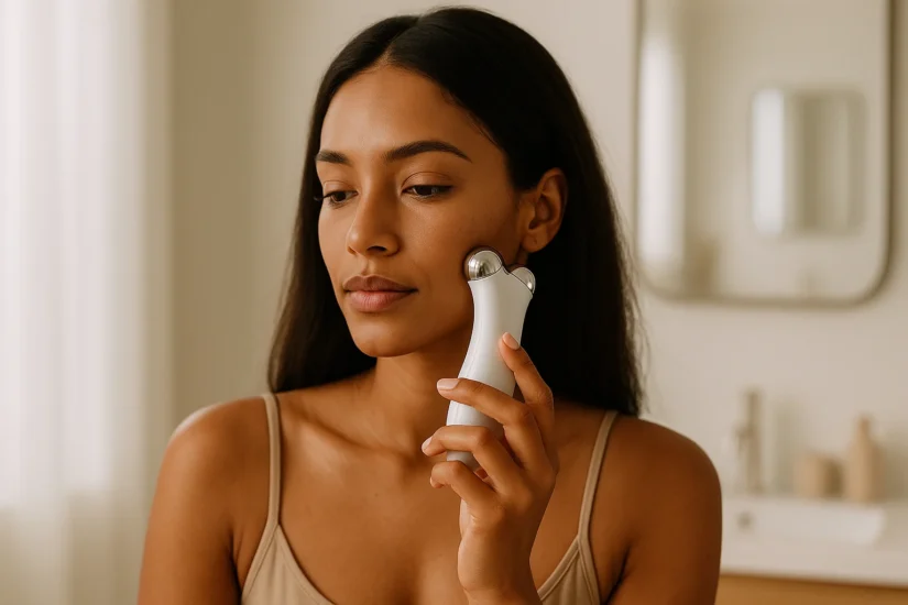 A woman with medium skin tone and dark brown hair using a white microcurrent facial device along her jawline in a soft-lit bathroom, showcasing a calm and luxurious self-care routine.