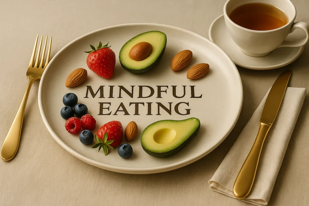 A beige ceramic plate with the words “Mindful Eating,” surrounded by avocado, strawberries, blueberries, raspberries, and almonds, with a cup of tea and golden cutlery in warm natural light.