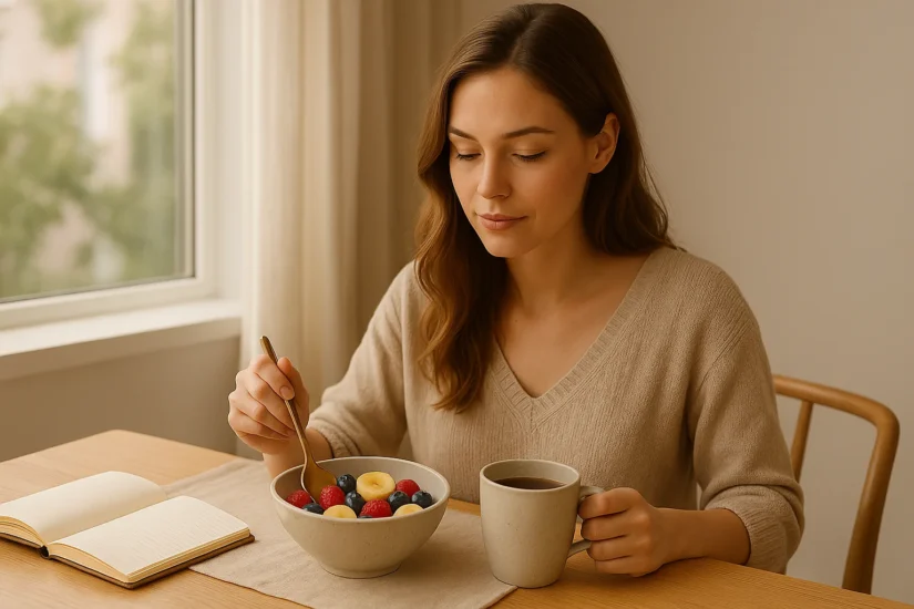 A woman enjoying a healthy breakfast of fresh berries and coffee while sitting by the window in a cozy, minimalist room.