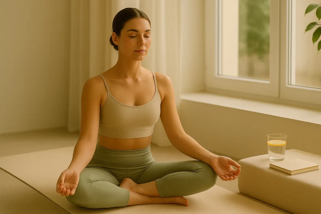 Calm woman sitting cross-legged in meditation after her morning workout, eyes closed, surrounded by warm sunlight, with a glass of lemon water and a closed journal nearby.