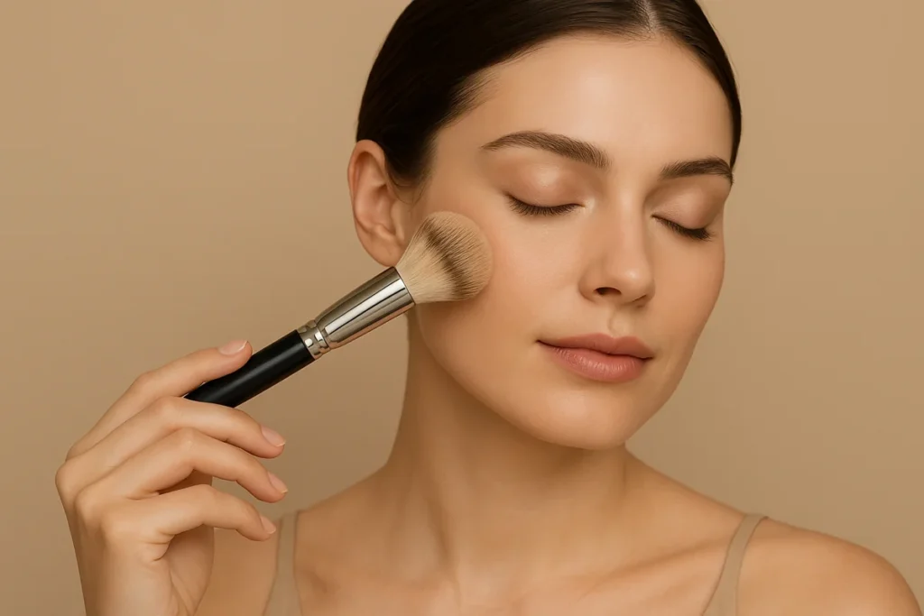 A woman with glowing skin applies blush using a makeup brush, showcasing the 2025 quiet luxury makeup trend with natural tones and soft elegance.