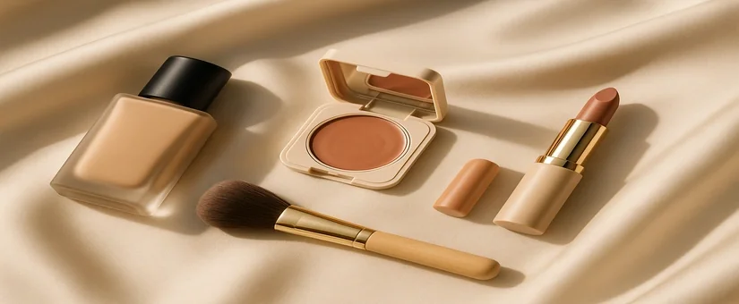 Minimalist flat lay of quiet luxury makeup products — tinted moisturizer, cream blush, lipstick, and brushes on soft beige silk background under golden daylight.