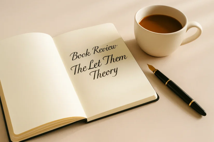 Open notebook with the handwritten title “Book Review – The Let Them Theory” beside a cup of coffee and a pen.