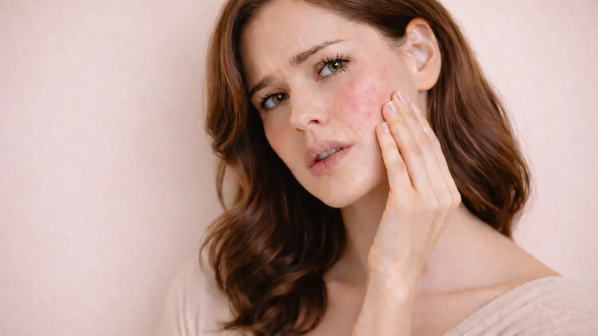 Woman with visible redness and dryness on cheek showing signs of a damaged skin barrier in a dry skin routine guide.