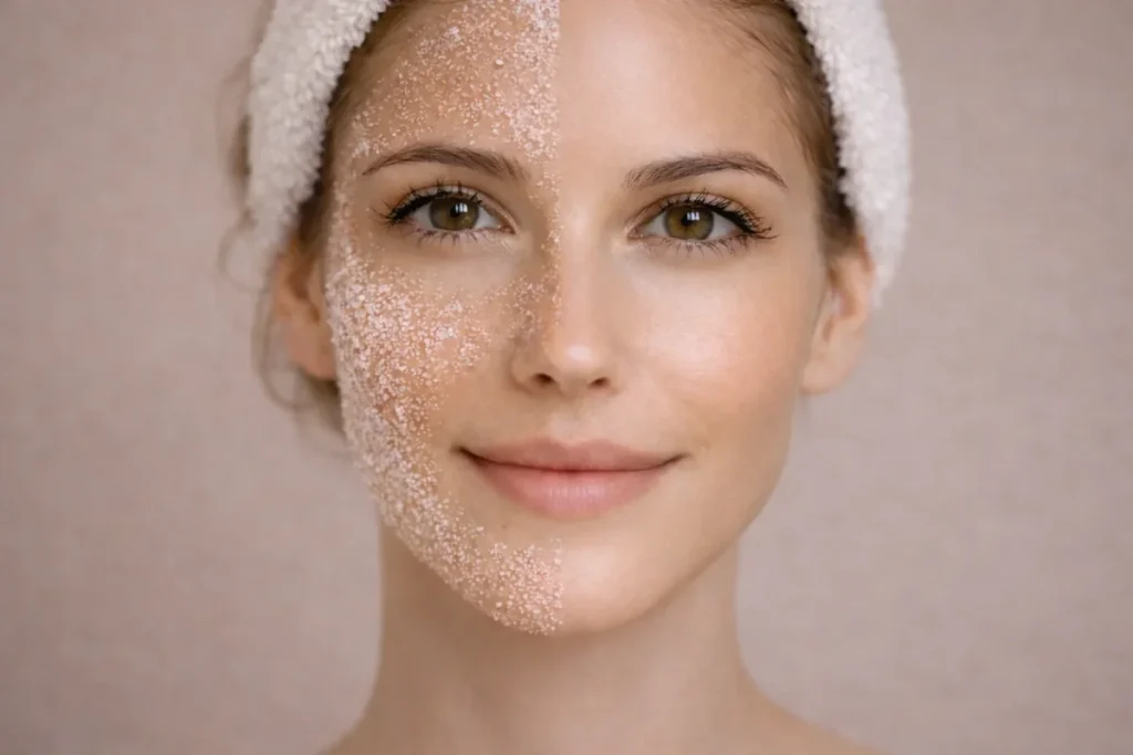 How Often Should You Exfoliate? A Simple Guide for Every Skin Type 3 Physical exfoliation face scrub on skin during a skincare routine