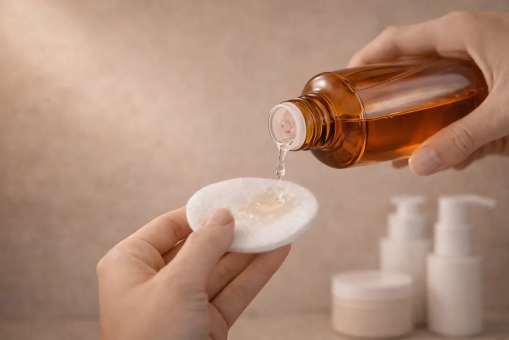 How Often Should You Exfoliate? A Simple Guide for Every Skin Type 2 Facial toner being poured onto a cotton pad during a skincare routine