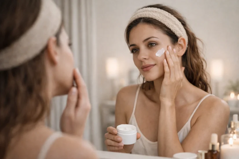 Woman applying moisturizer during night skincare routine with natural glowing skin