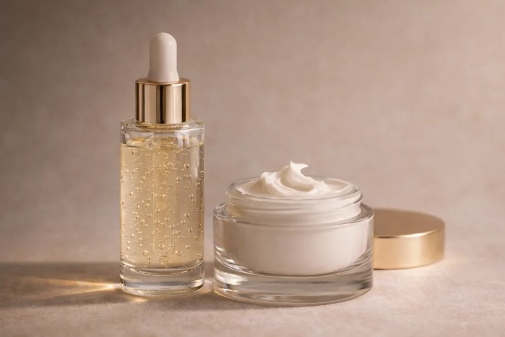 Why Skin Feels Dry After Moisturizing (And How to Fix It Fast) 2 Hydrating serum bottle and moisturizer cream jar skincare routine products