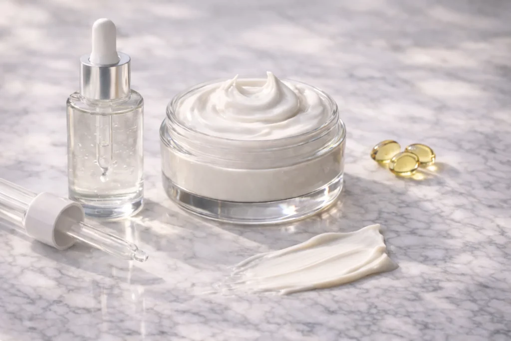 Ceramide moisturizer, hydrating serum, and fatty acid capsules arranged on a marble surface showing key ingredients that help repair the skin barrier.