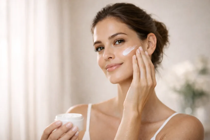 Woman applying moisturizer to repair a damaged skin barrier