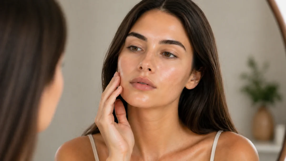 Woman looking at her skin in a mirror, representing dull skin causes and uneven skin radiance