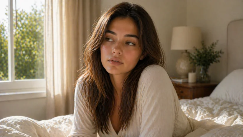 Woman waking up tired in bed despite getting enough sleep, soft morning light