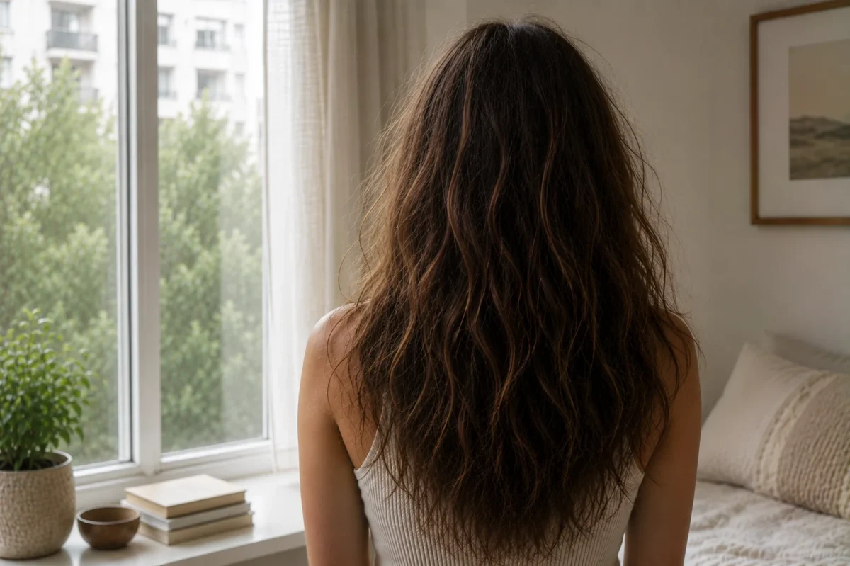 Why Hair Gets Frizzy in Humidity (Puffy or Flat Hair Explained) 1 Back view of a woman with natural frizzy wavy brown hair standing near a window in soft indoor daylight.