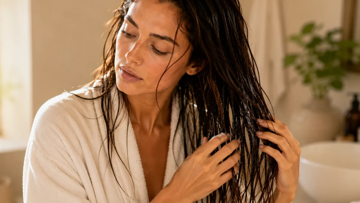 Leave-In Conditioner vs Regular Conditioner: What's the Difference? 1 Woman is applying leave-in product through her hair with fingers