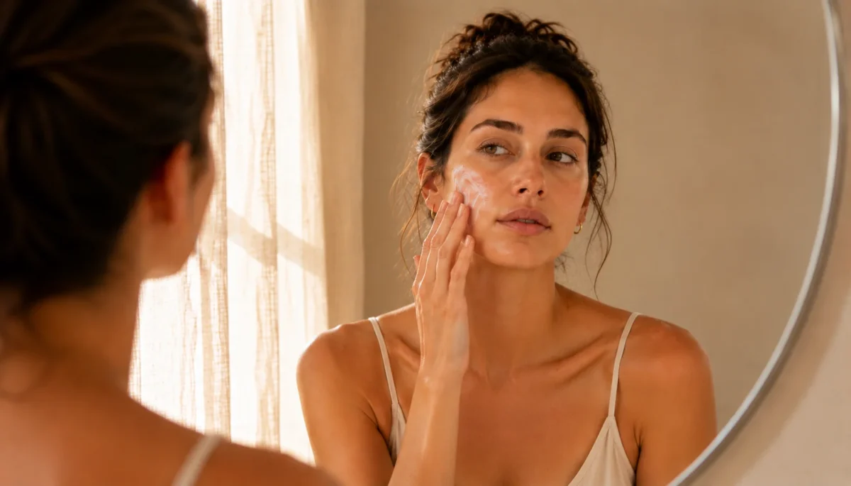 Summer skincare routine - woman applying sunscreen in morning