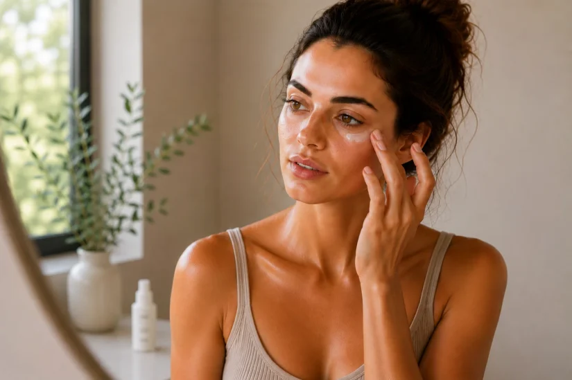 Woman applying eye cream under her eye with finger during morning skincare routine