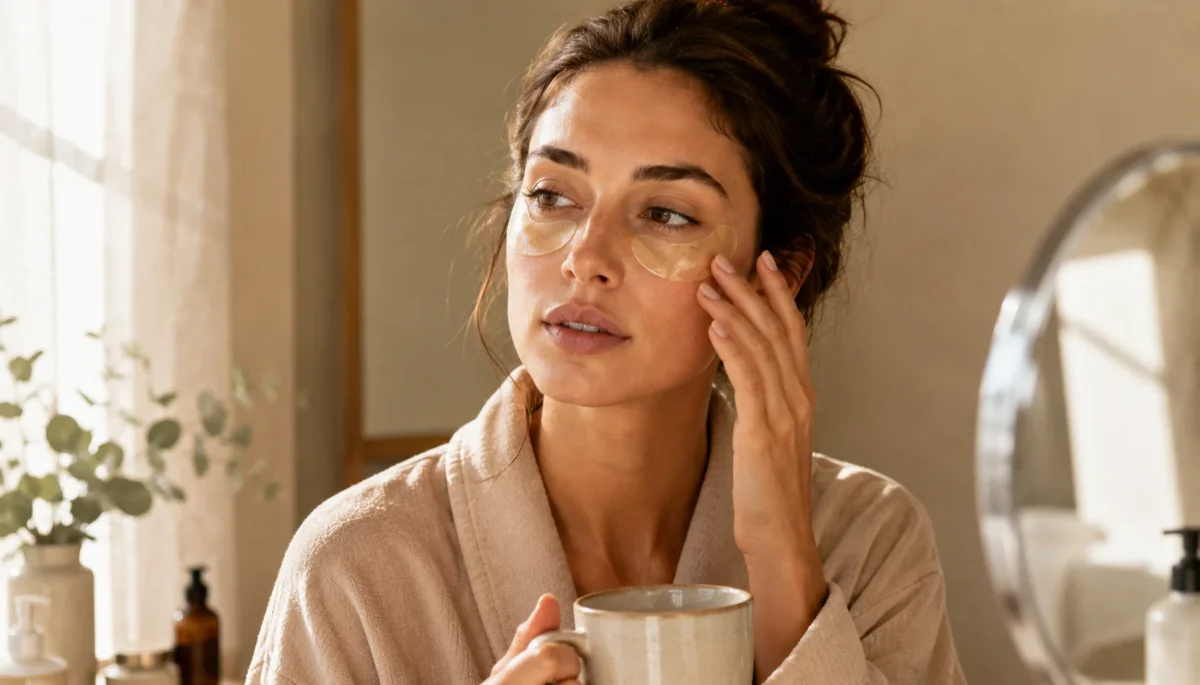 Woman wearing hydrogel under eye patches